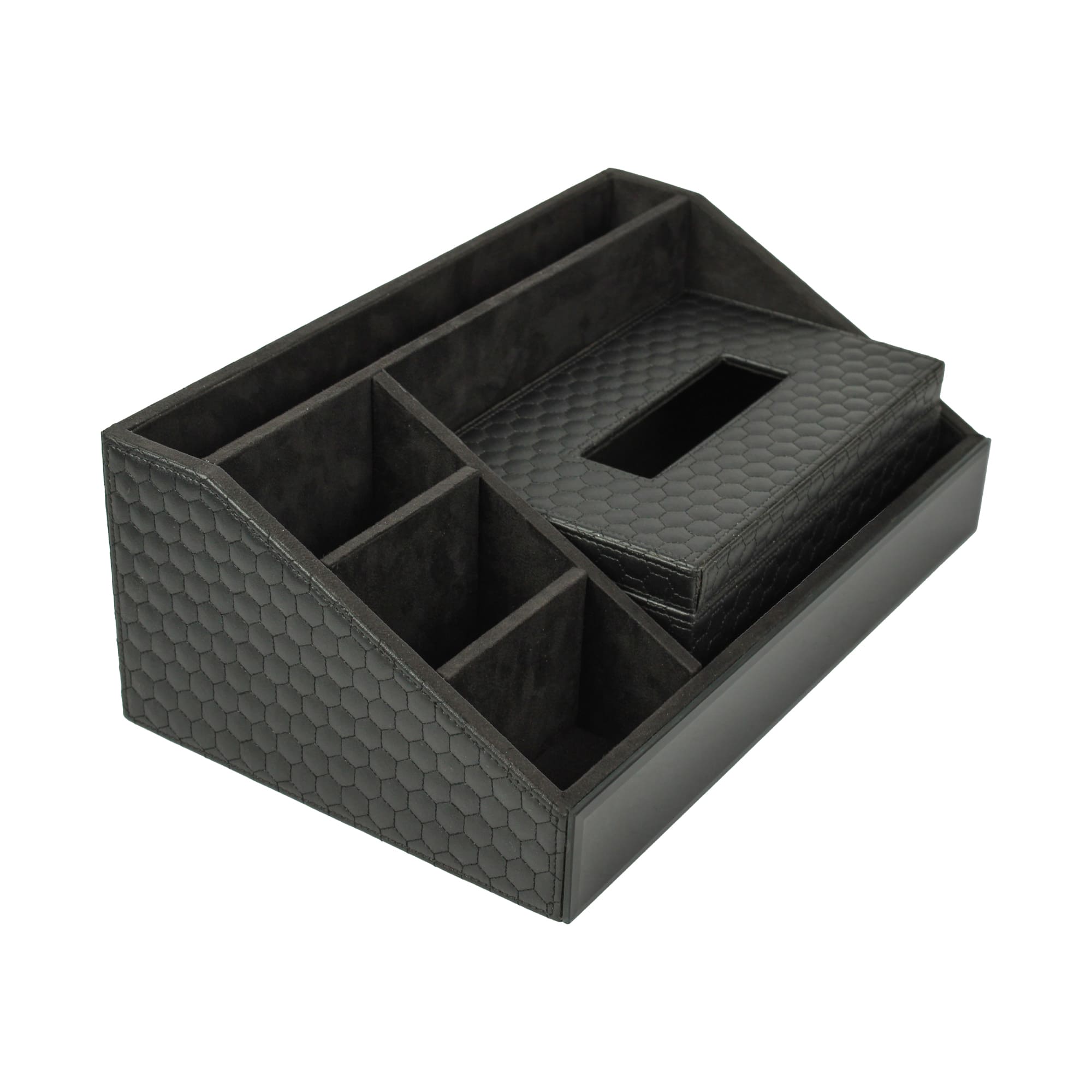 Premium Black Leatherite Stationery Desk Organizer With Tissue Box